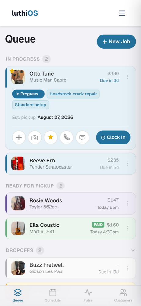 The luthiOS job queue on a phone: repair jobs listed with a photo of each guitar, the owner's name, the estimate total, and when it's due.