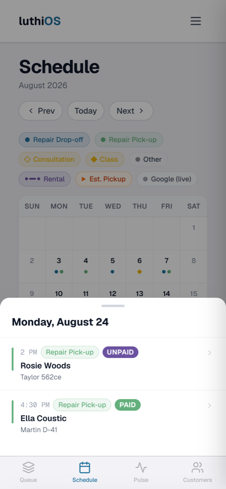 The luthiOS schedule on a phone: a month calendar with today's appointments open in a drawer, each showing the customer and their guitar.